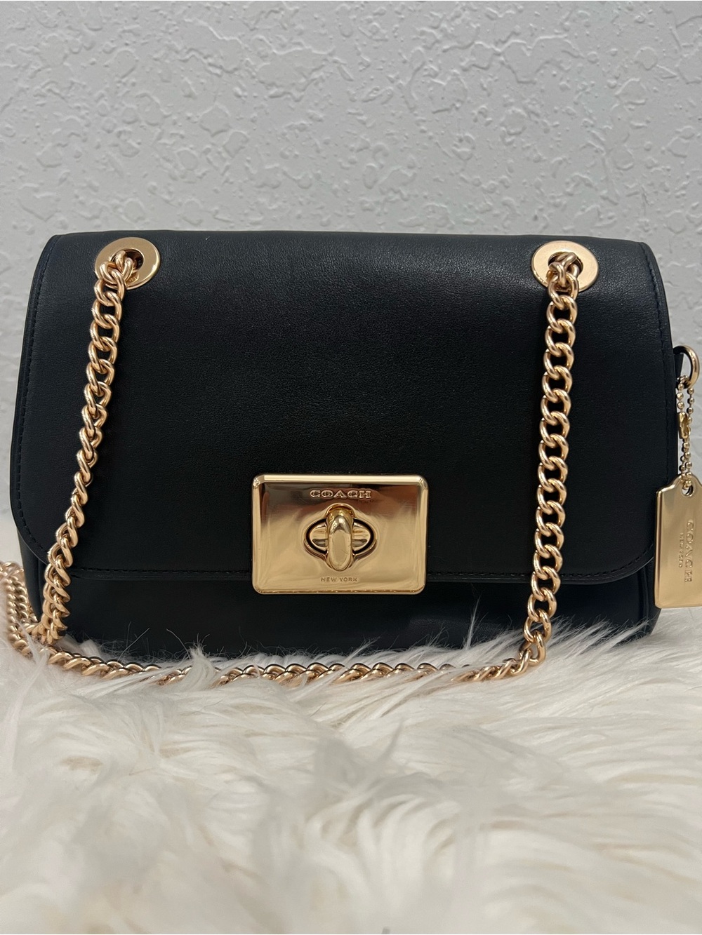 Coach Black Leather Shoulder Bag with Gold Chain & Turnlock